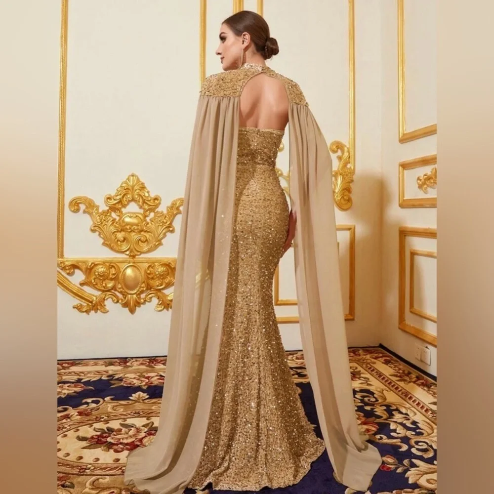 Elegant Long Champagne Draped Sequin Cape & Mermaid Dress Wedding Party Prom - Picture 2 of 8
